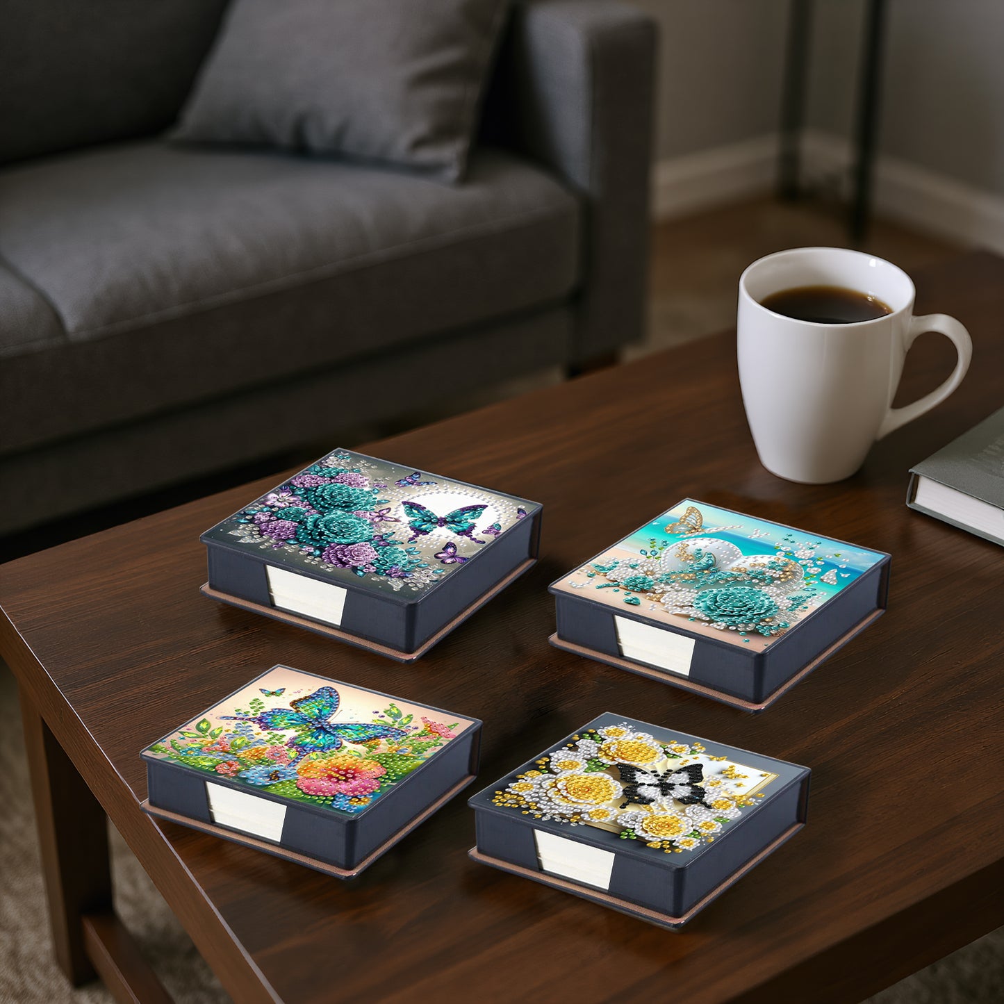 4pcs Flower Butterfly 2 PU DIY Diamond Painting Kit Note Box with 160 Papers