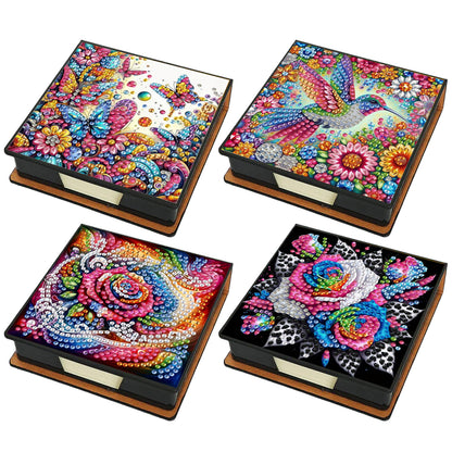 4pcs Flower Bird PU DIY Diamond Painting Kit Note Box with 160 Papers for Office