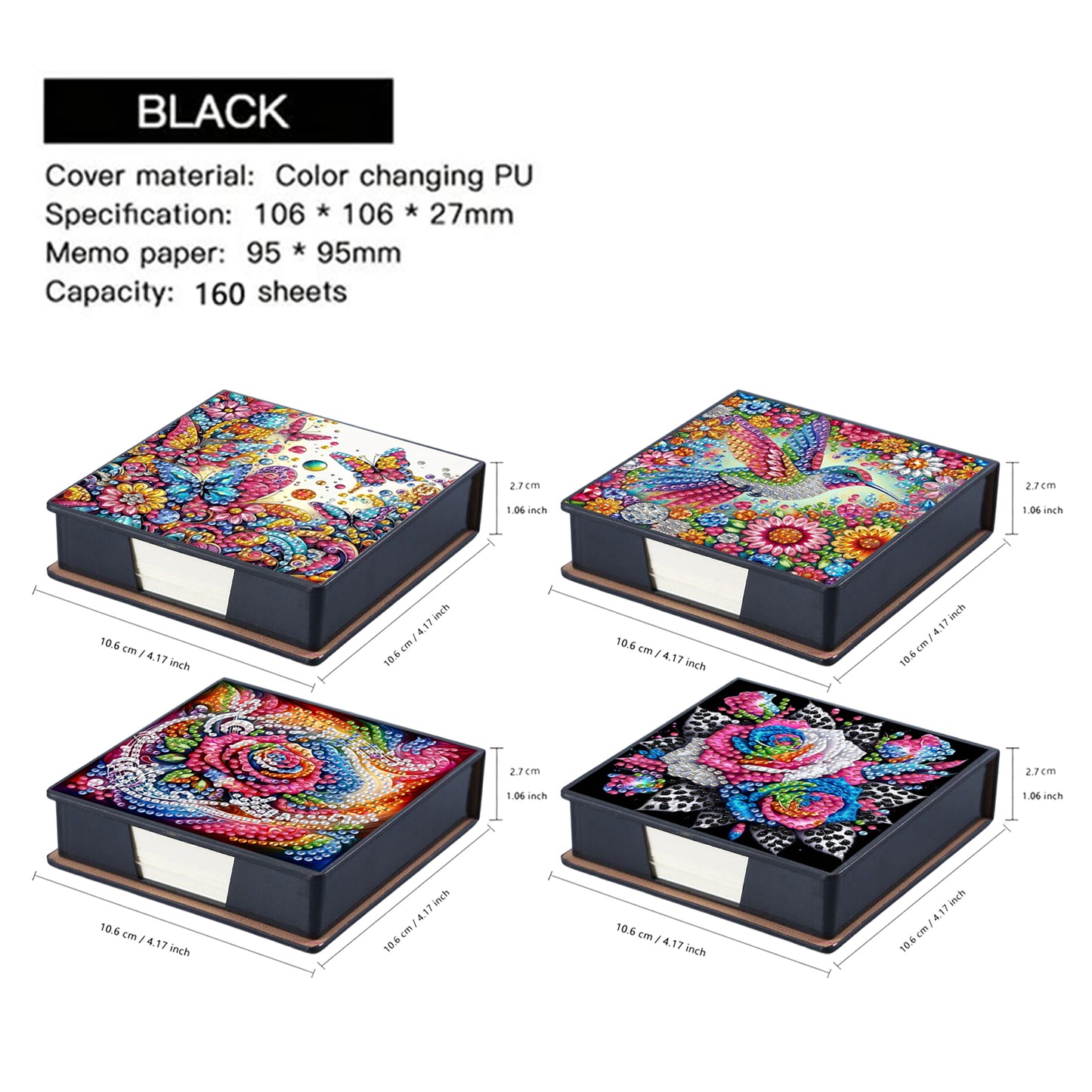 4pcs Flower Bird PU DIY Diamond Painting Kit Note Box with 160 Papers for Office