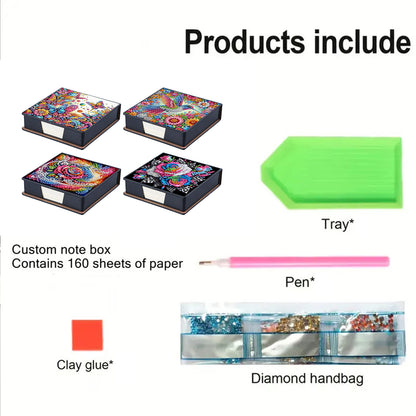 4pcs Flower Bird PU DIY Diamond Painting Kit Note Box with 160 Papers for Office