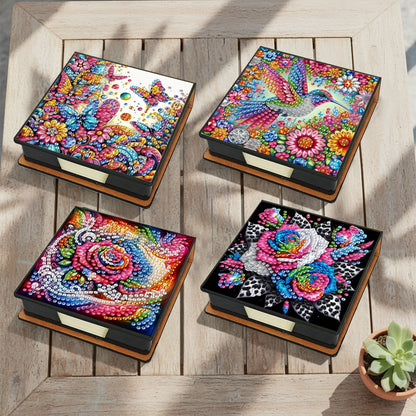 4pcs Flower Bird PU DIY Diamond Painting Kit Note Box with 160 Papers for Office