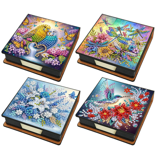 4pcs Flower Bird Dragonfly PU DIY Diamond Painting Kit Note Box with 160 Papers