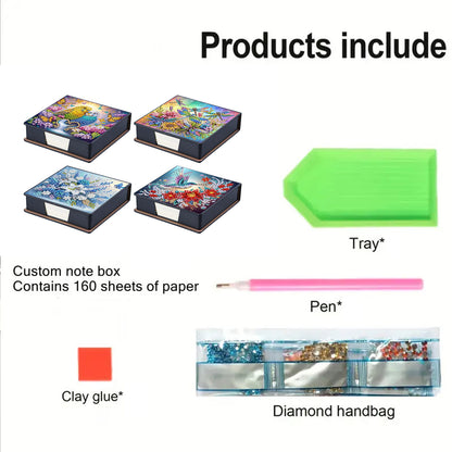 4pcs Flower Bird Dragonfly PU DIY Diamond Painting Kit Note Box with 160 Papers