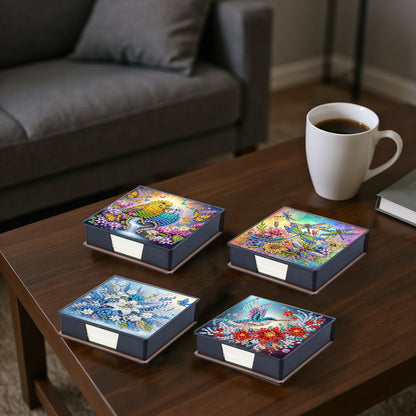 4pcs Flower Bird Dragonfly PU DIY Diamond Painting Kit Note Box with 160 Papers