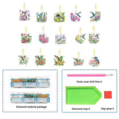 15Pcs Flowers Birds DIY Double Sided Diamond Painting Keychain Kits for Adults