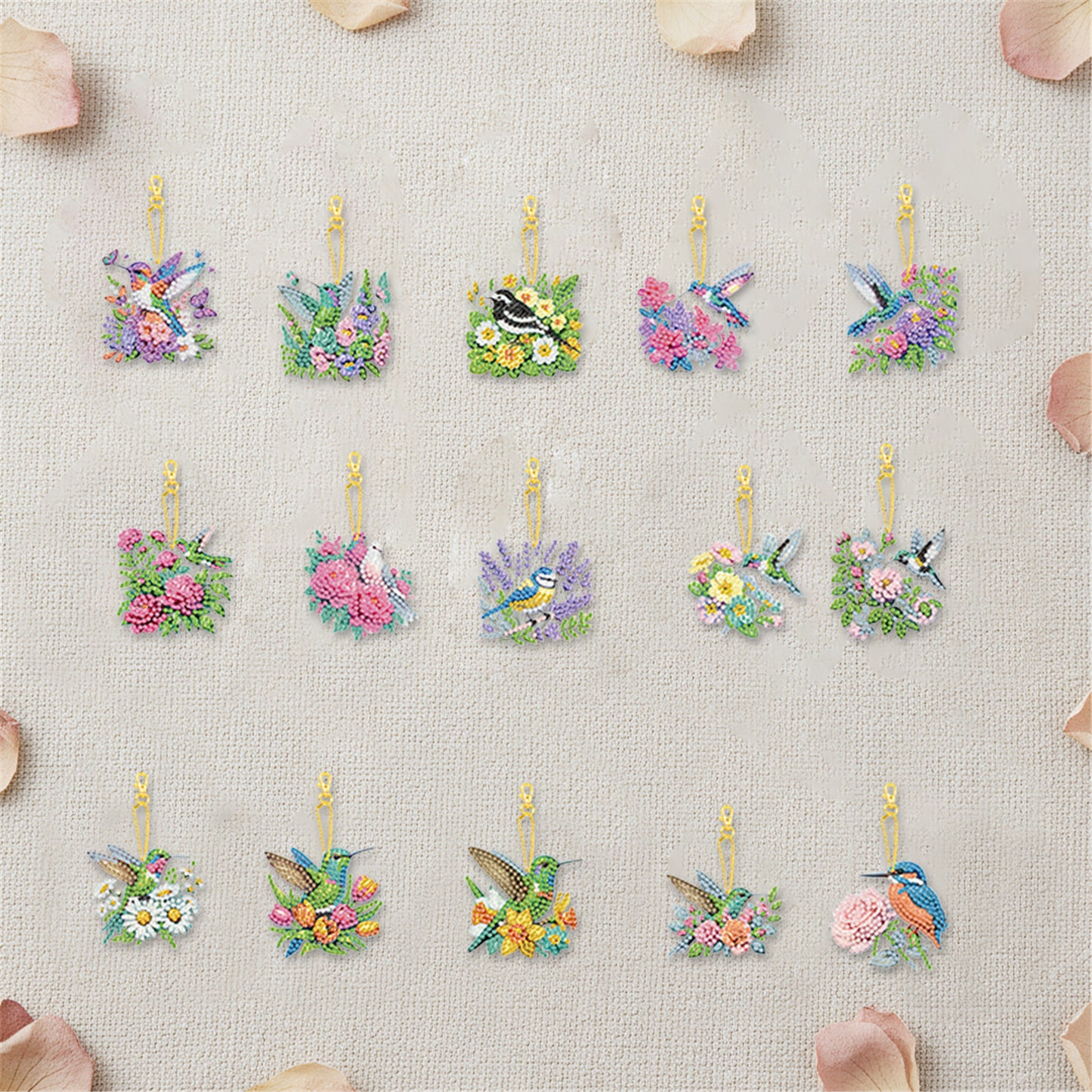 15Pcs Flowers Birds DIY Double Sided Diamond Painting Keychain Kits for Adults