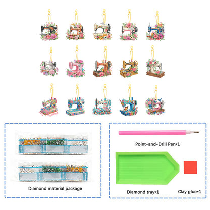 15Pcs Sewing Machine DIY Double Sided Diamond Painting Keychain Kits for Adults