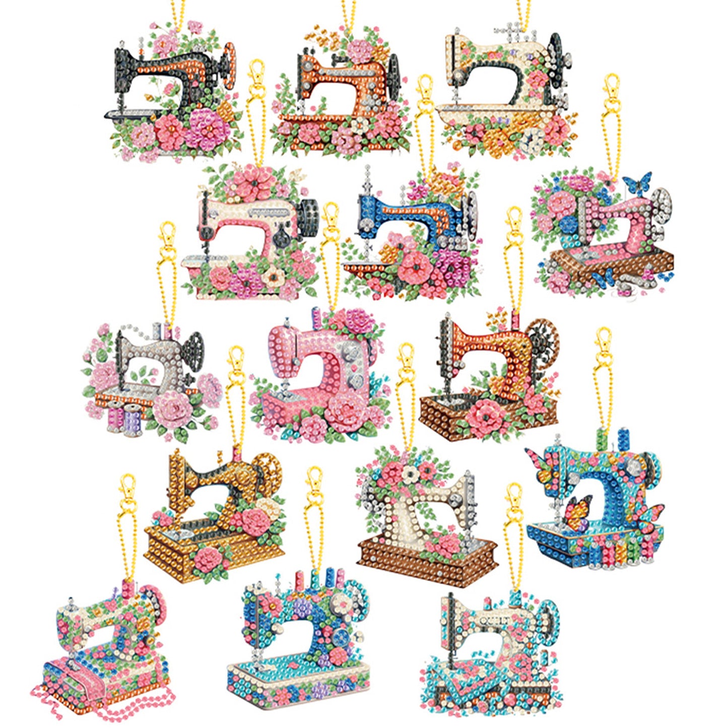 15Pcs Sewing Machine DIY Double Sided Diamond Painting Keychain Kits for Adults