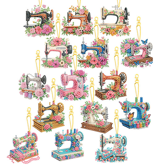 15Pcs Sewing Machine DIY Double Sided Diamond Painting Keychain Kits for Adults