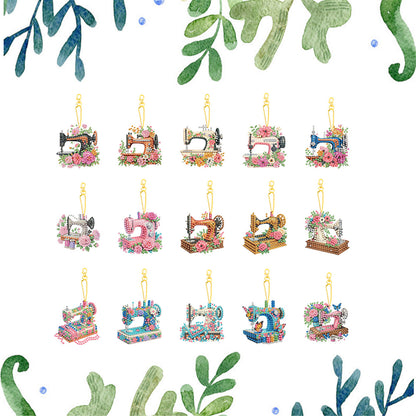 15Pcs Sewing Machine DIY Double Sided Diamond Painting Keychain Kits for Adults