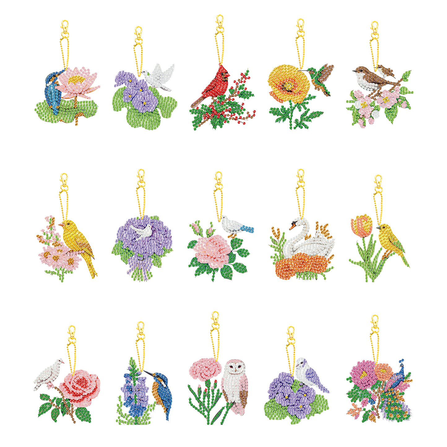 15Pcs Flowers Animals DIY Double Sided Diamond Painting Keychain Kits for Adults
