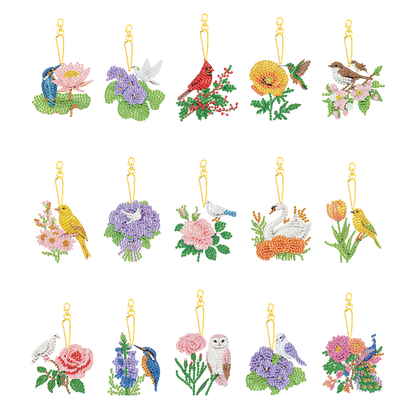 15Pcs Flowers Animals DIY Double Sided Diamond Painting Keychain Kits for Adults