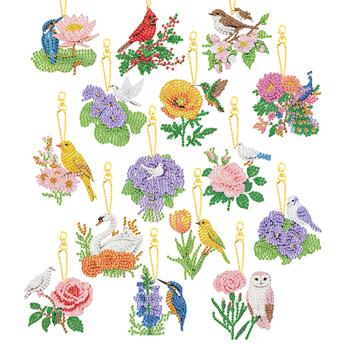 15Pcs Flowers Animals DIY Double Sided Diamond Painting Keychain Kits for Adults
