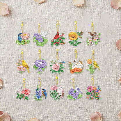 15Pcs Flowers Animals DIY Double Sided Diamond Painting Keychain Kits for Adults