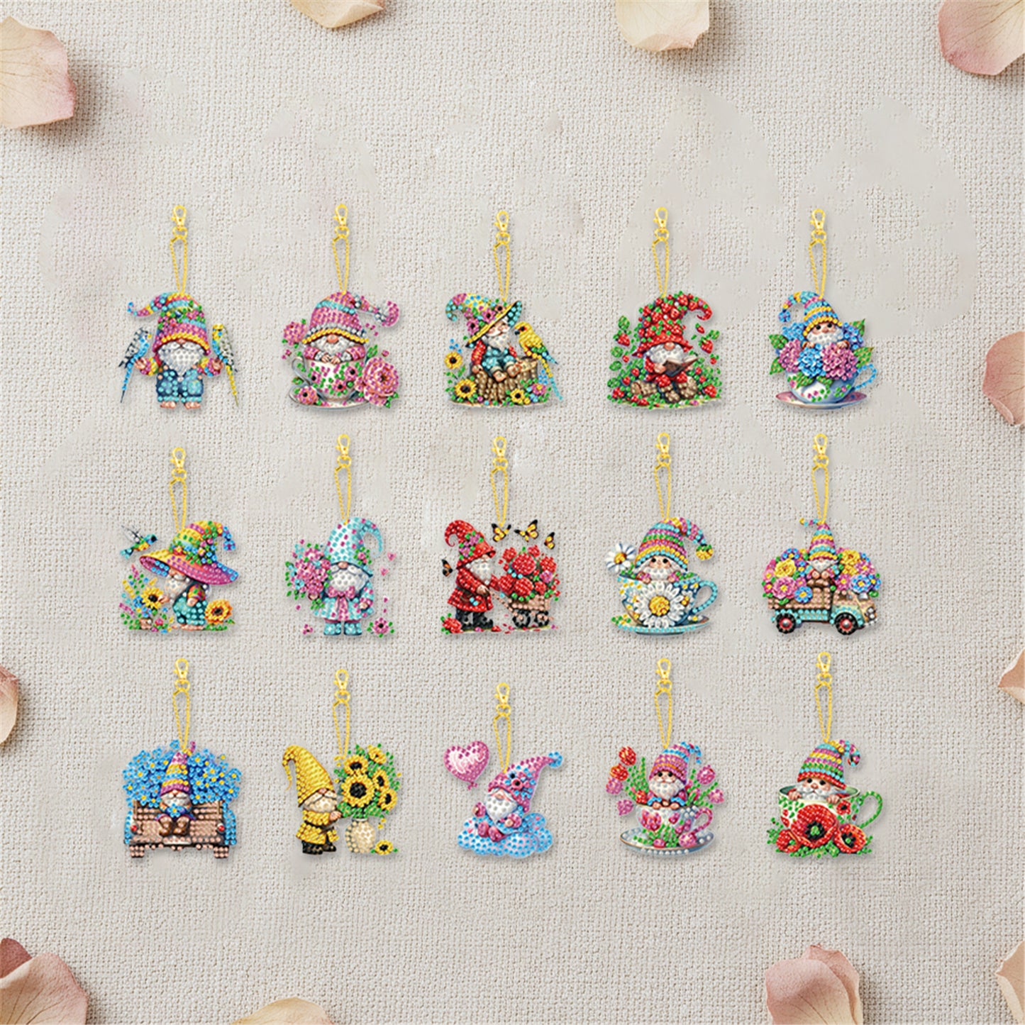 15Pcs Gnome DIY Double Sided Diamond Painting Keychain Kits for Beginners