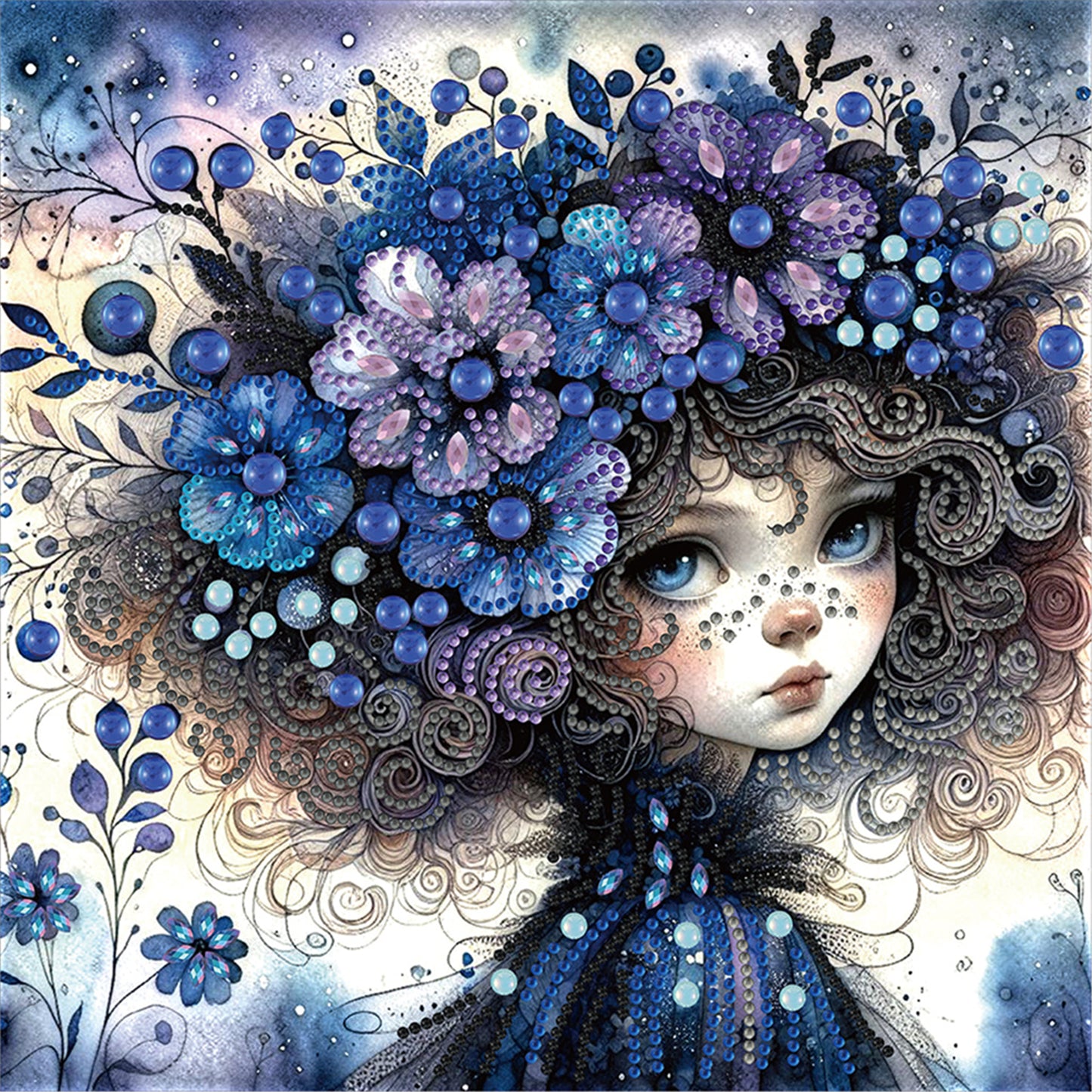 Little Girl With Blue Flower - Special Shaped Drill Diamond Painting 30*30CM