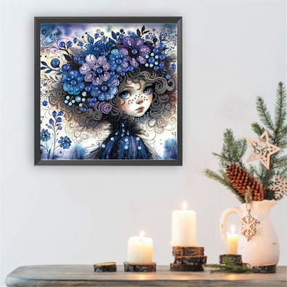 Little Girl With Blue Flower - Special Shaped Drill Diamond Painting 30*30CM