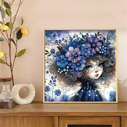 Little Girl With Blue Flower - Special Shaped Drill Diamond Painting 30*30CM