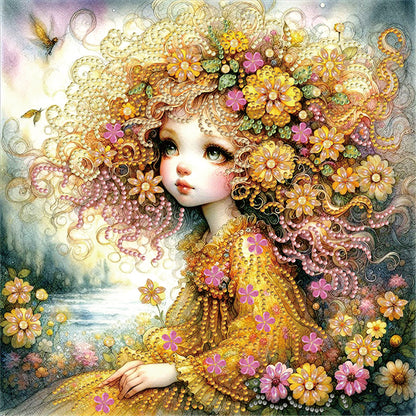 Little Girl With Yellow Flower - Special Shaped Drill Diamond Painting 30*30CM