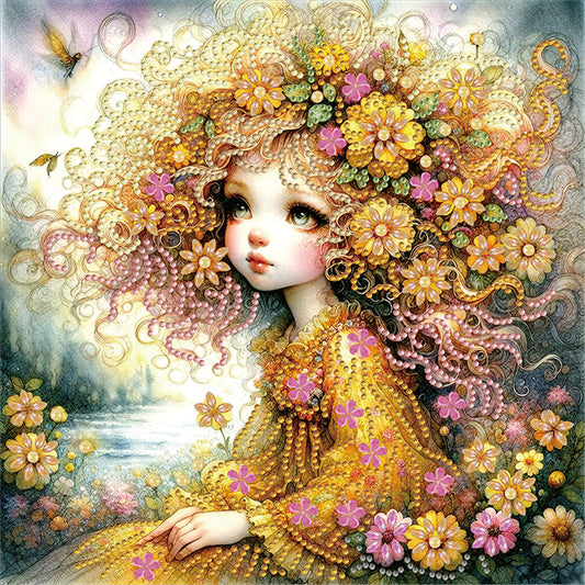 Little Girl With Yellow Flower - Special Shaped Drill Diamond Painting 30*30CM