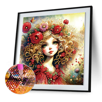 Little Girl With Red Flower - Special Shaped Drill Diamond Painting 30*30CM