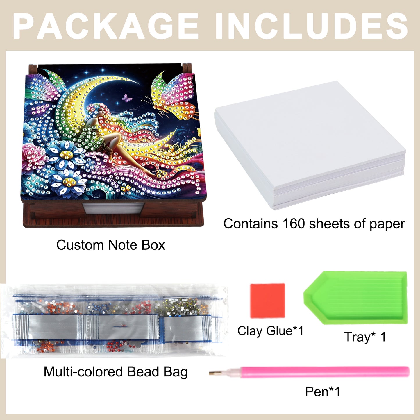 Wooden DIY Moon Fairy Diamond Painting Kit Note Box with 160 Papers for Office