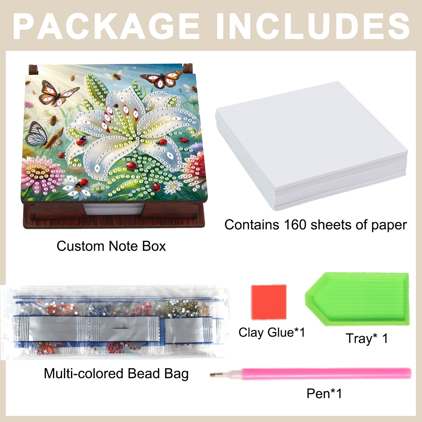 Wooden DIY Lily Butterfly Diamond Painting Kit Note Box with 160 Papers Gifts