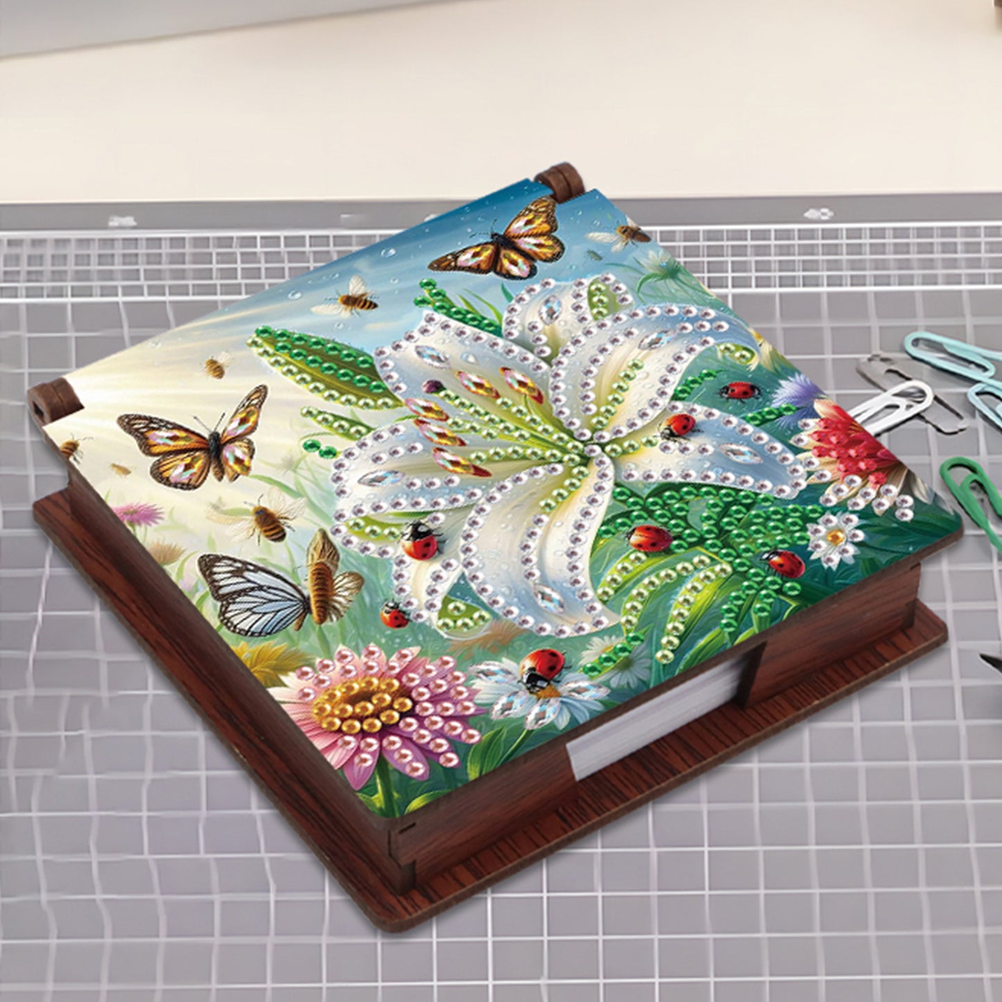 Wooden DIY Lily Butterfly Diamond Painting Kit Note Box with 160 Papers Gifts