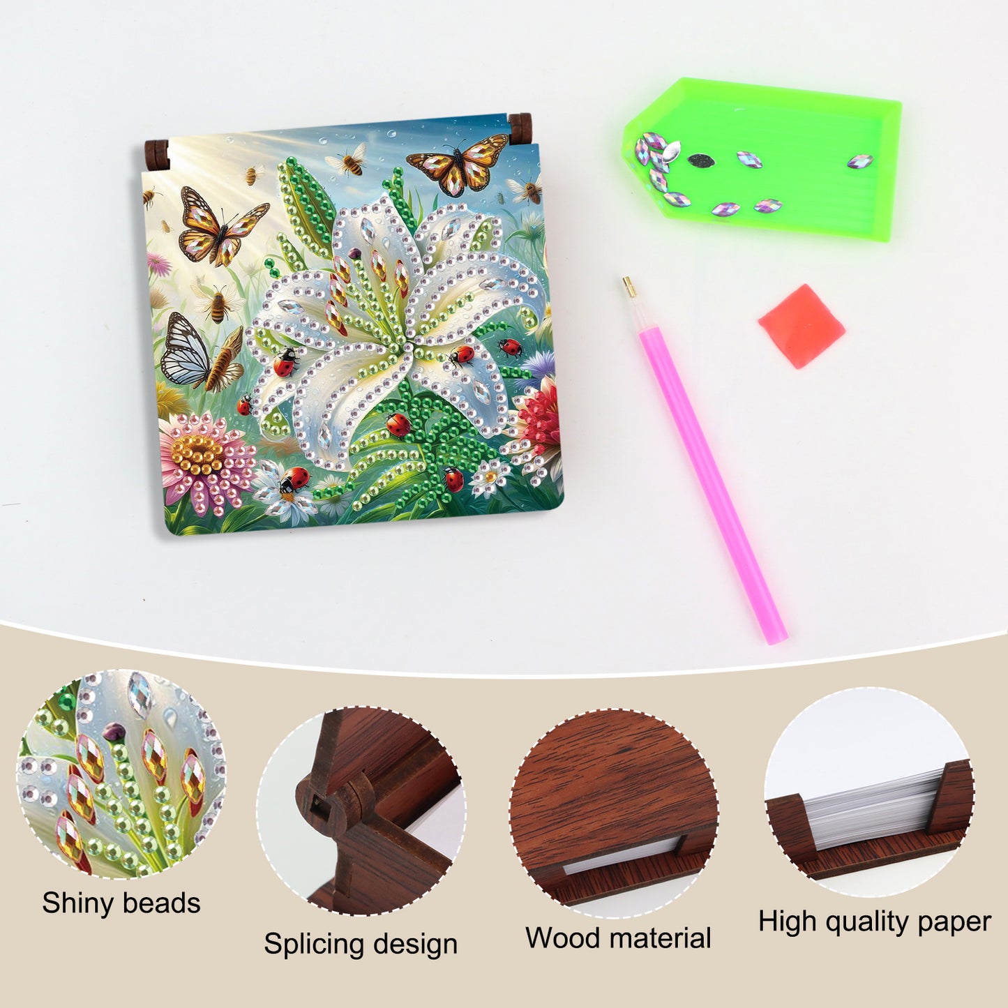 Wooden DIY Lily Butterfly Diamond Painting Kit Note Box with 160 Papers Gifts