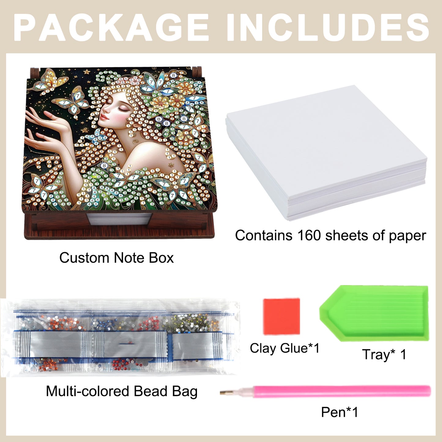 Wooden DIY Fairy Beauty 1 Diamond Painting Kit Note Box with 160 Papers Gifts