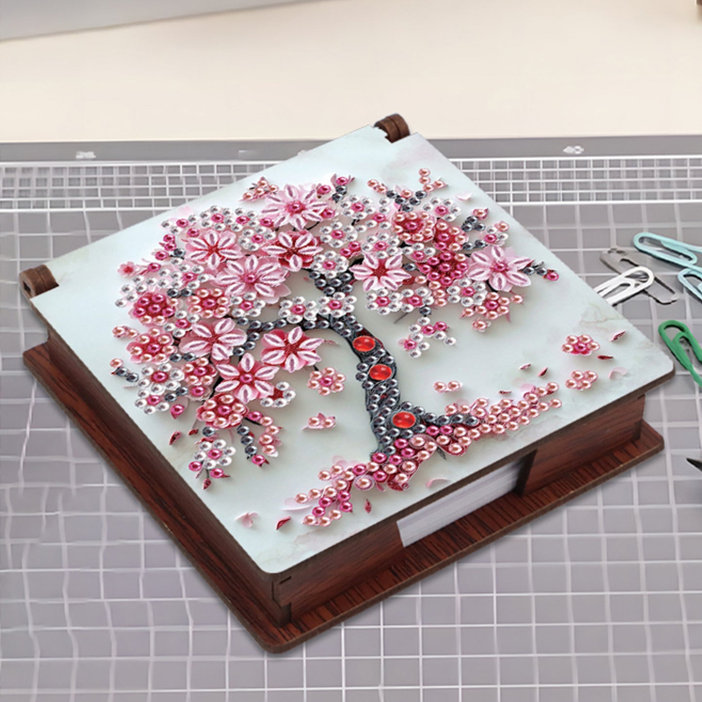 Wooden DIY Cherry Blossom Tree Diamond Painting Kit Note Box with 160 Papers