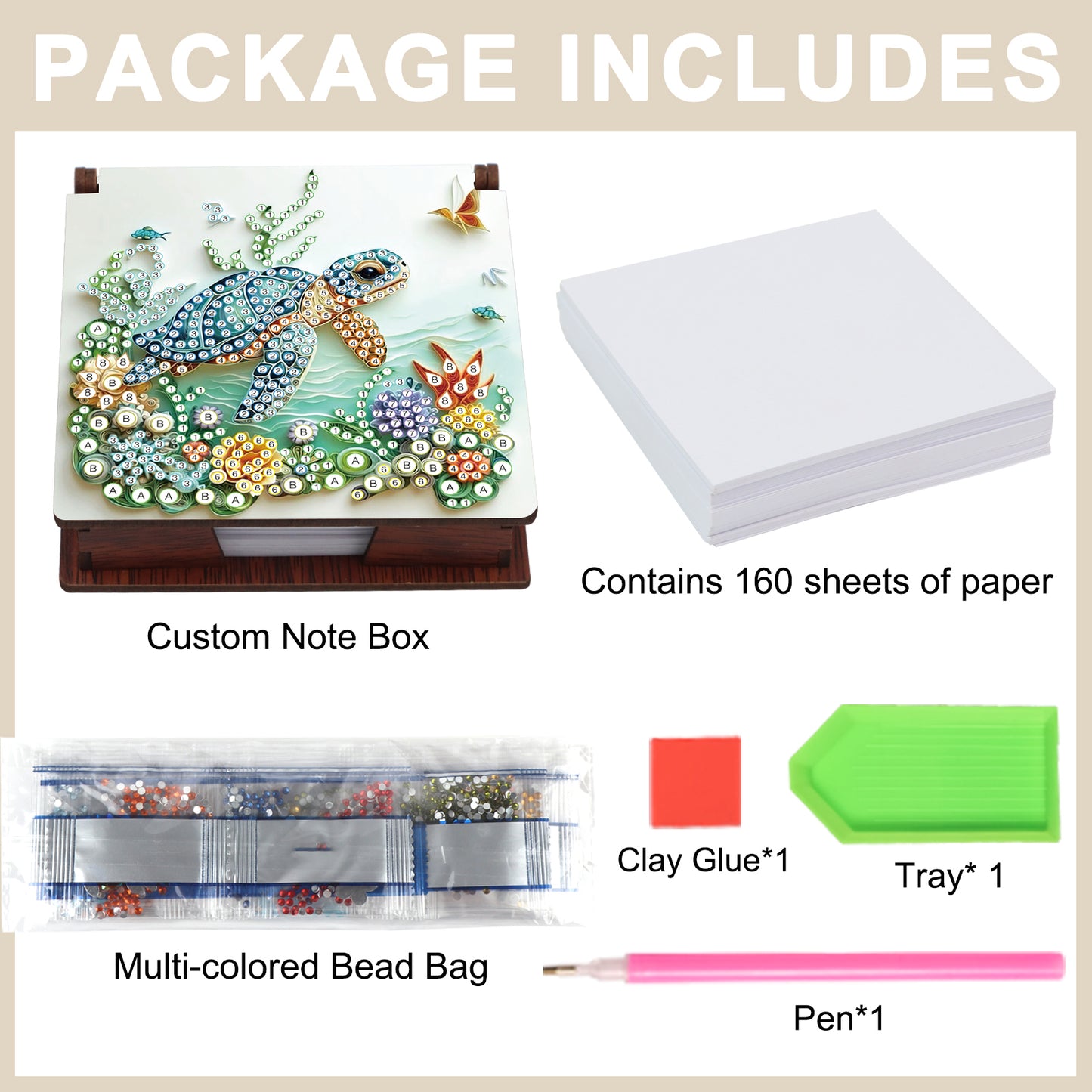 Wooden DIY Sea Turtle Diamond Painting Kit Note Box with 160 Papers for Office