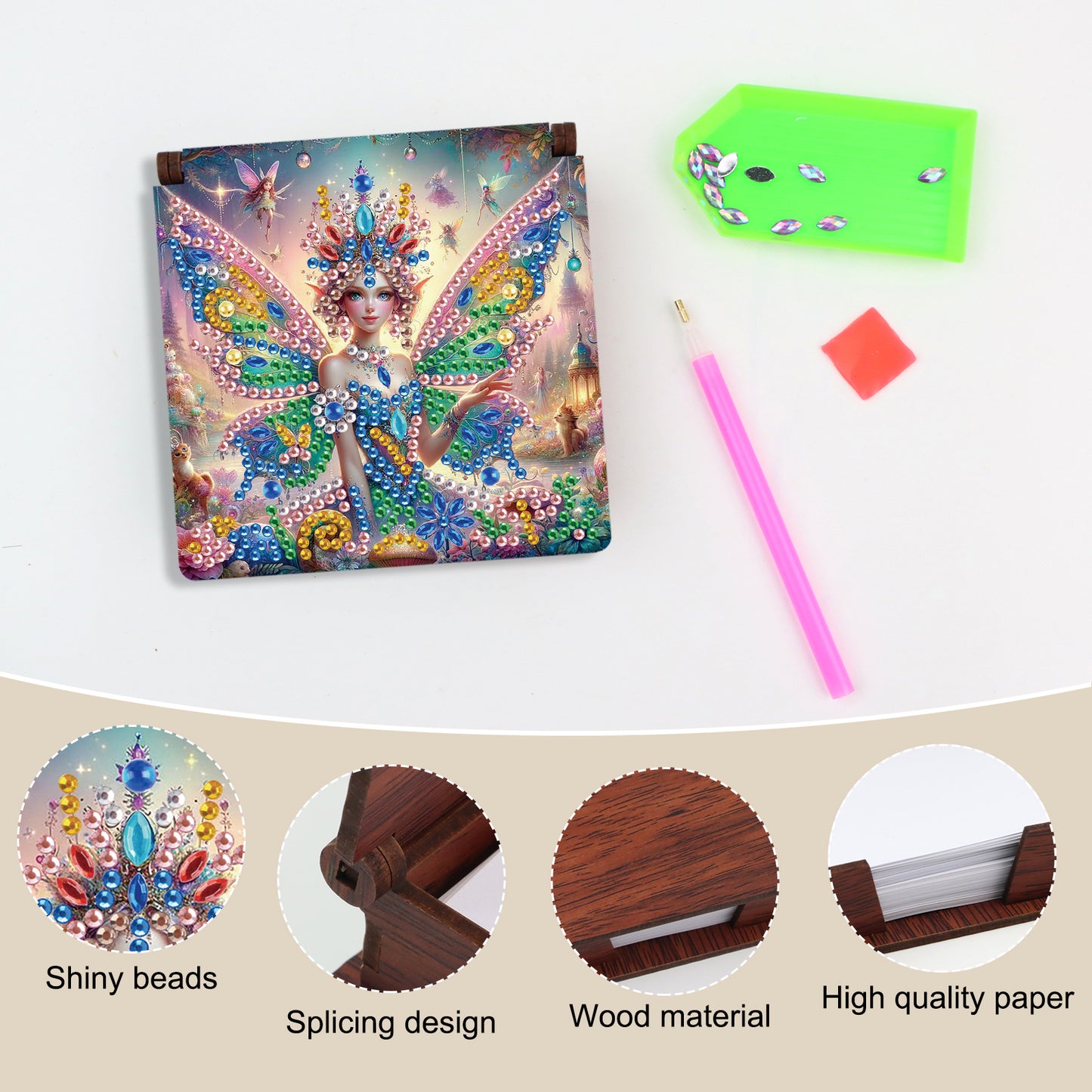 Wooden DIY Fairy Beauty 2 Diamond Painting Kit Note Box with 160 Papers Gifts