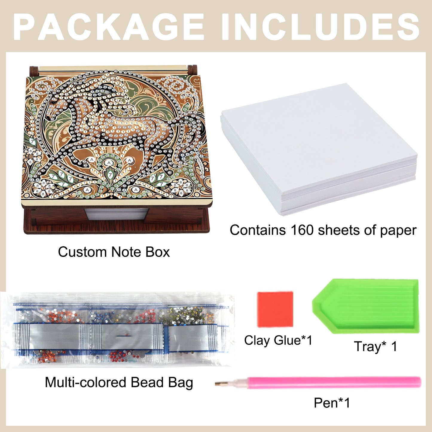 Wooden DIY Horse Diamond Painting Kit Note Box with 160 Papers for Office Desk