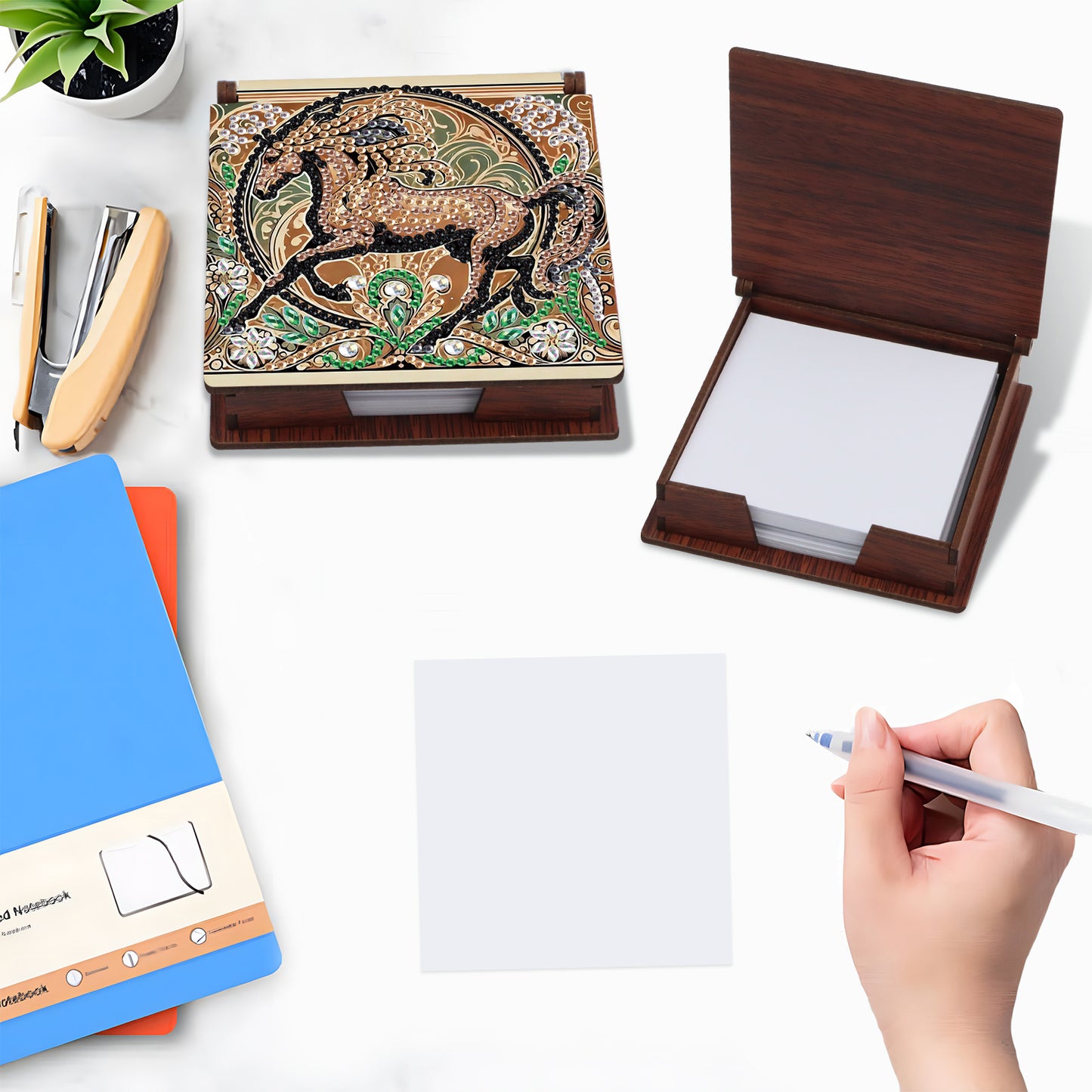 Wooden DIY Horse Diamond Painting Kit Note Box with 160 Papers for Office Desk