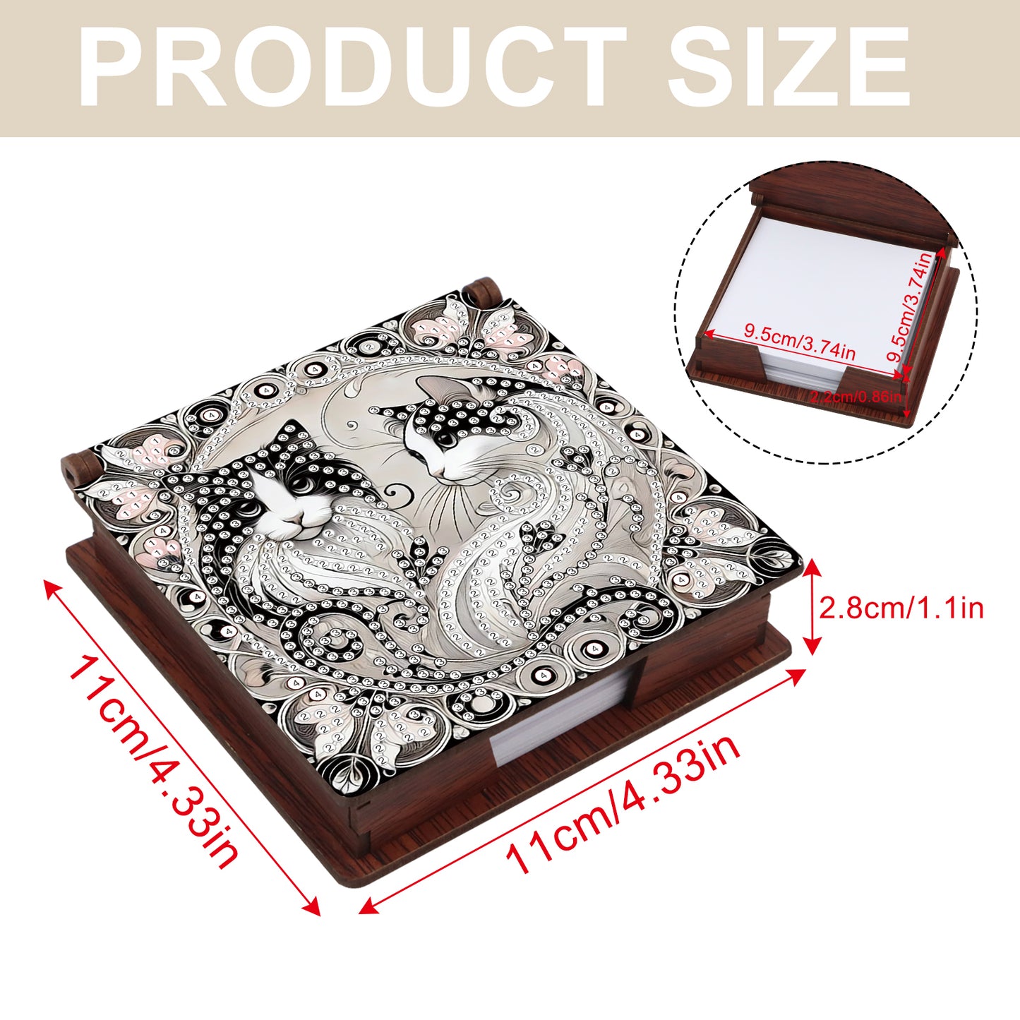 Wooden DIY Black White Cat Diamond Painting Kit Note Box with 160 Papers Gifts