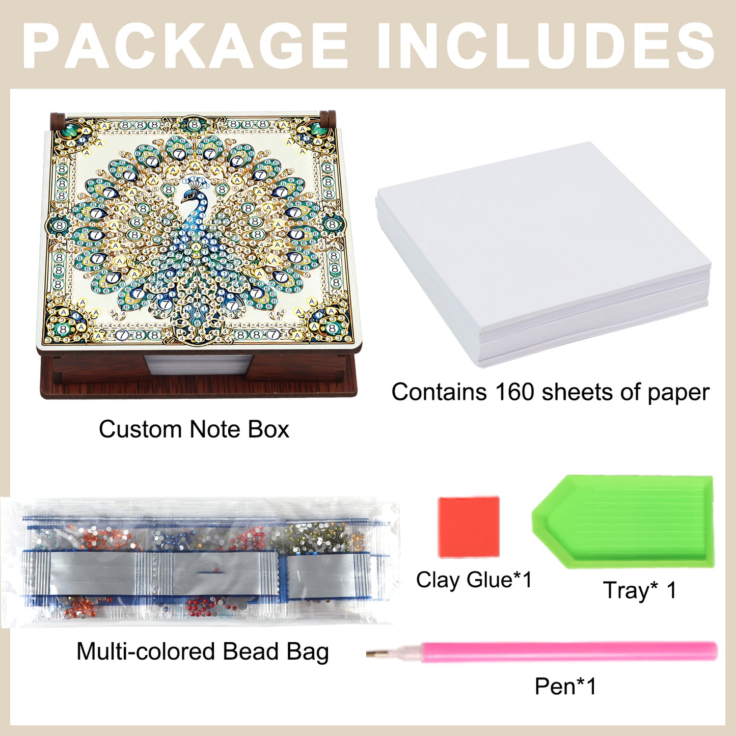 Wooden DIY Peacock Diamond Painting Kit Note Box with 160 Papers for Office Desk