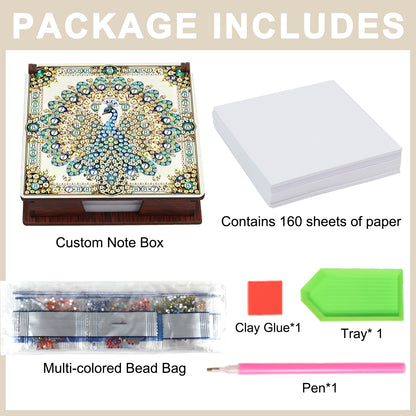 Wooden DIY Peacock Diamond Painting Kit Note Box with 160 Papers for Office Desk
