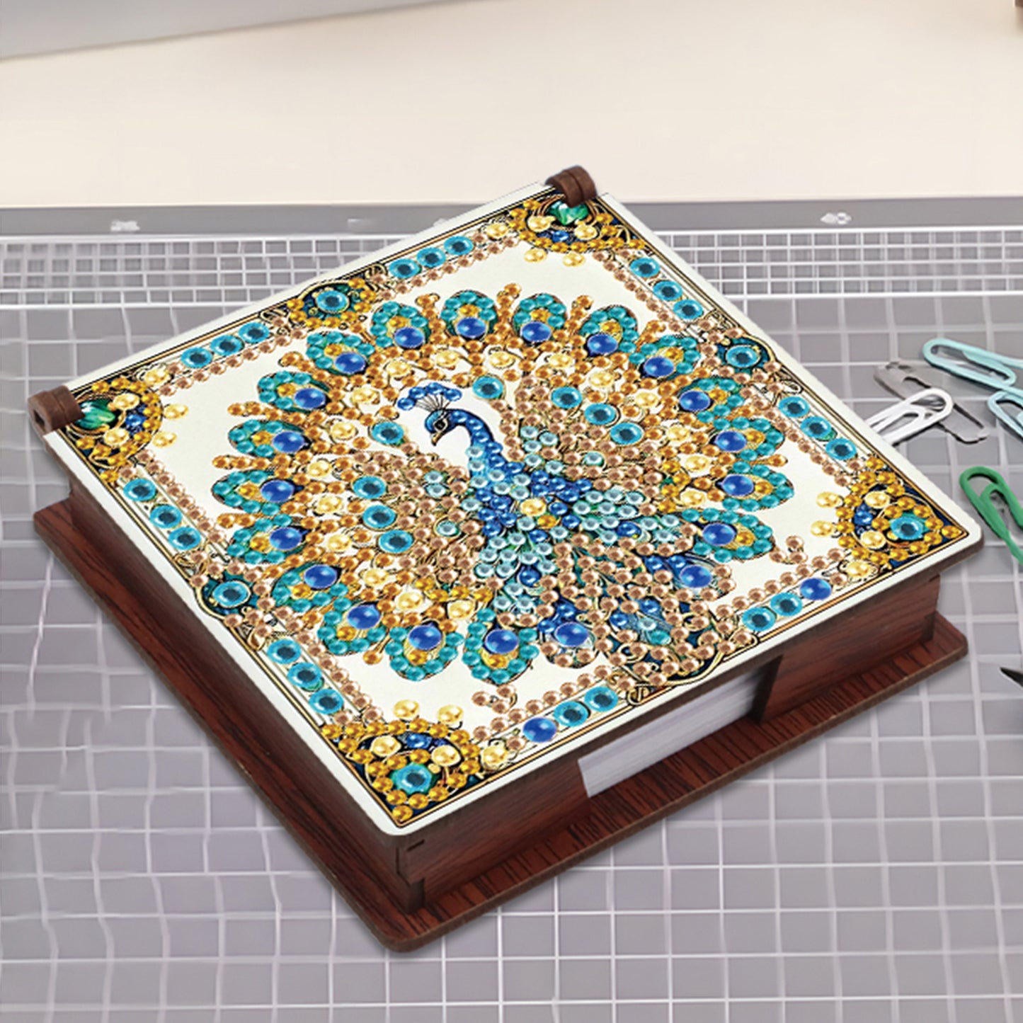 Wooden DIY Peacock Diamond Painting Kit Note Box with 160 Papers for Office Desk
