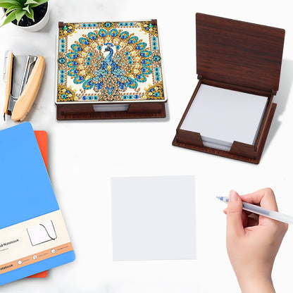 Wooden DIY Peacock Diamond Painting Kit Note Box with 160 Papers for Office Desk