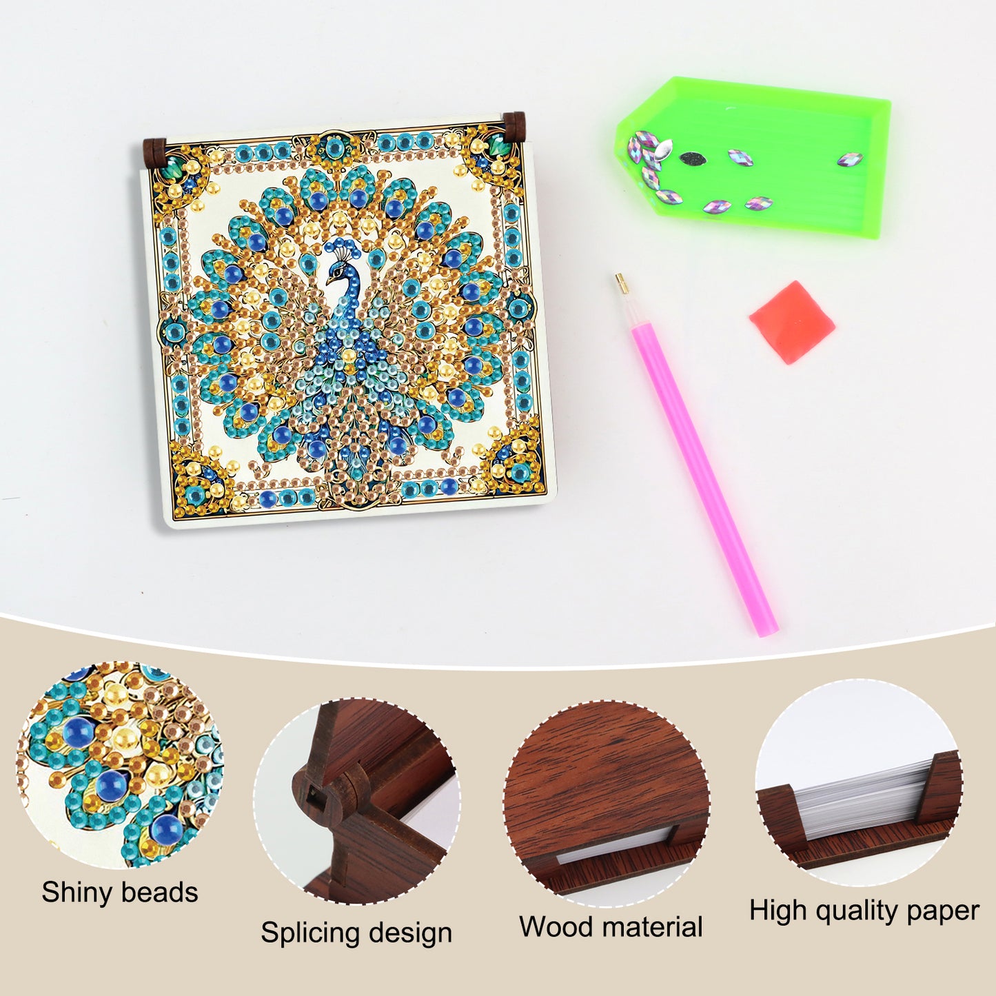 Wooden DIY Peacock Diamond Painting Kit Note Box with 160 Papers for Office Desk