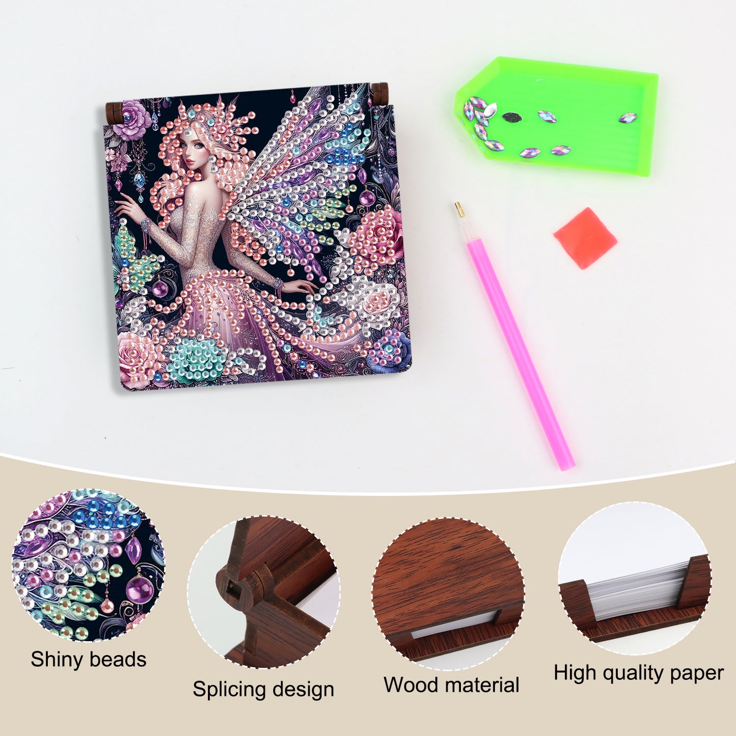 Wooden DIY Fairy Beauty Diamond Painting Kit Note Box with 160 Papers for Office
