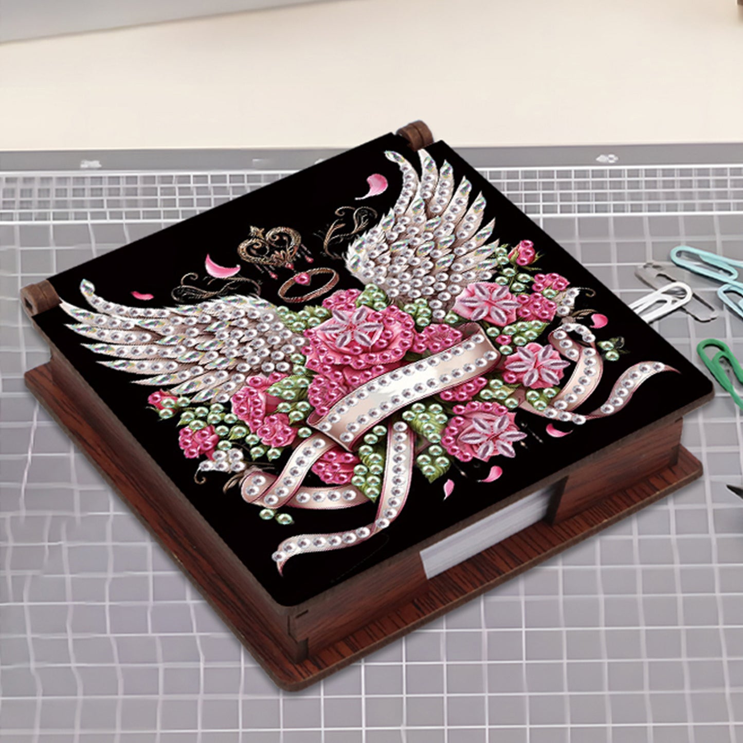 Wooden DIY Winged Flower Diamond Painting Kit Note Box with 160 Papers Gifts