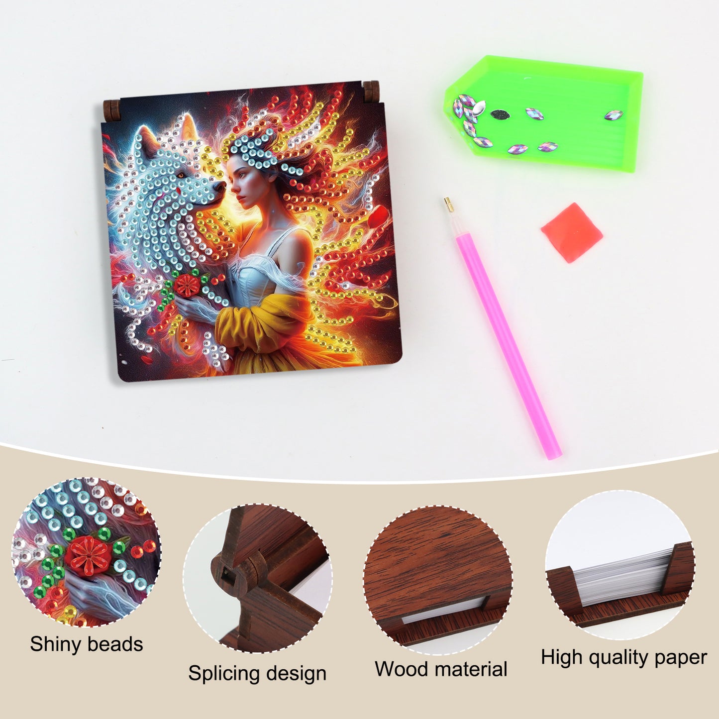 Wooden DIY White Wolf Beauty Diamond Painting Kit Note Box with 160 Papers Gifts