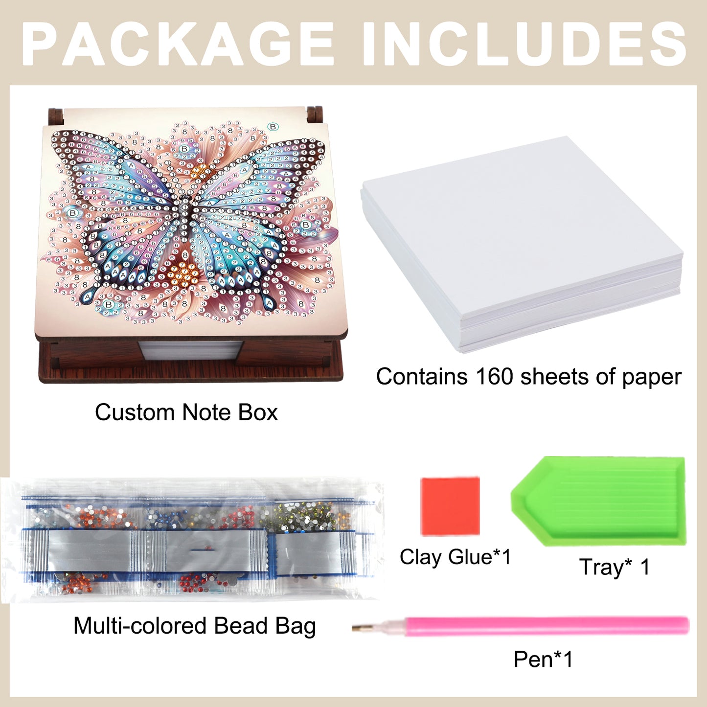 Wooden DIY Butterfly Flower Diamond Painting Kit Note Box with 160 Papers Gifts