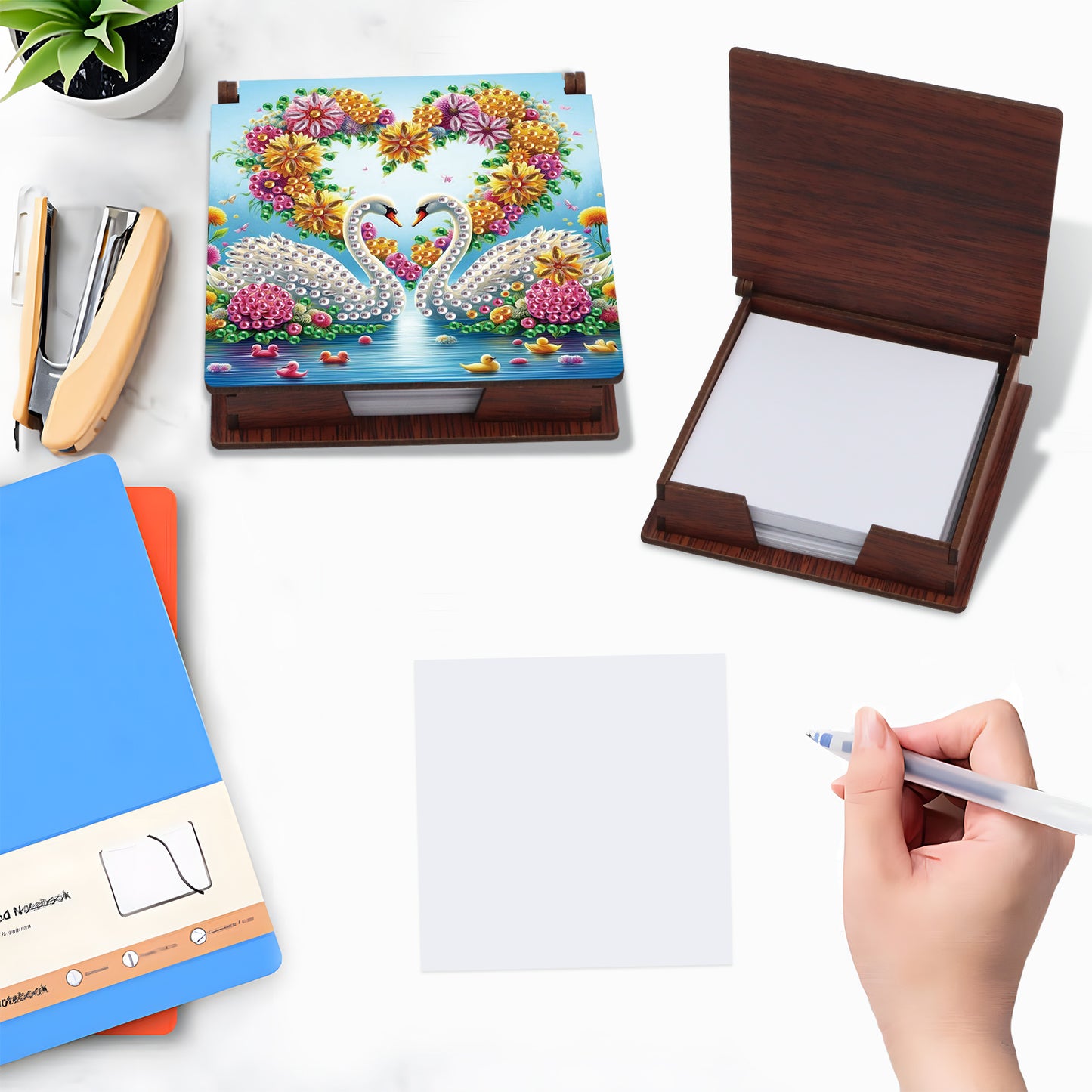 Wooden DIY Flower Swan Diamond Painting Kit Note Box with 160 Papers for Office