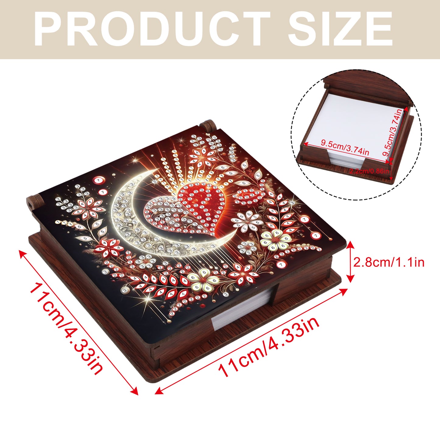 Wooden DIY Moon Heart Diamond Painting Kit Note Box with 160 Papers for Office
