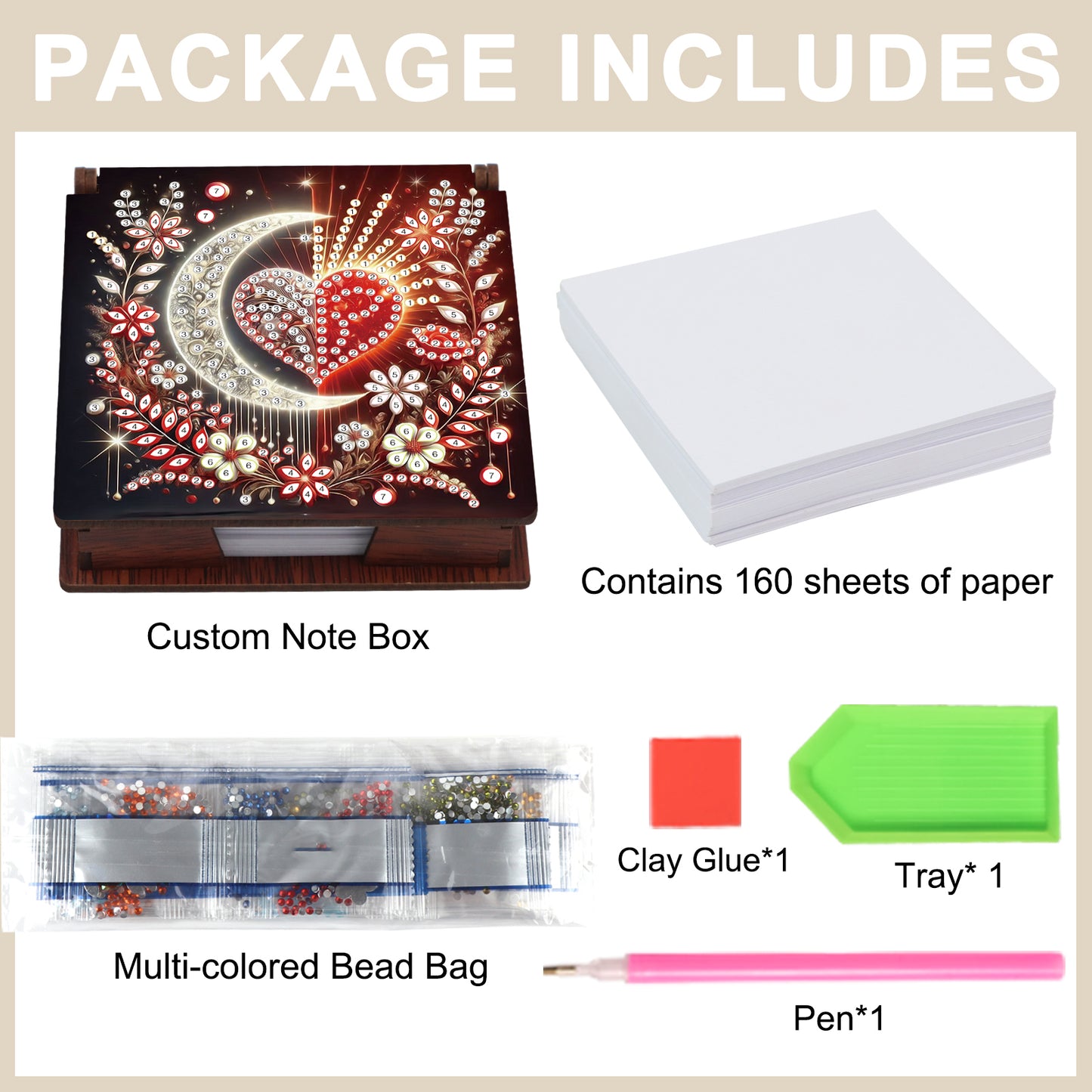 Wooden DIY Moon Heart Diamond Painting Kit Note Box with 160 Papers for Office