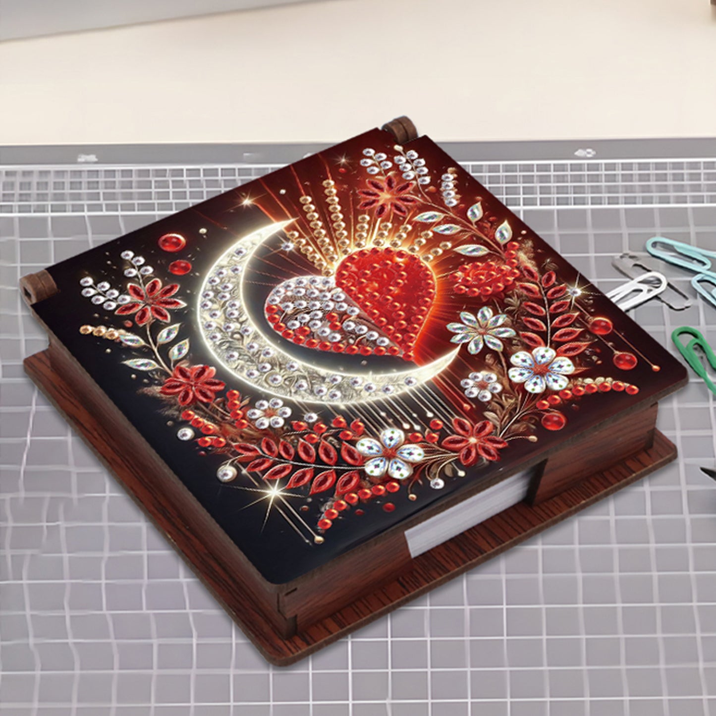 Wooden DIY Moon Heart Diamond Painting Kit Note Box with 160 Papers for Office