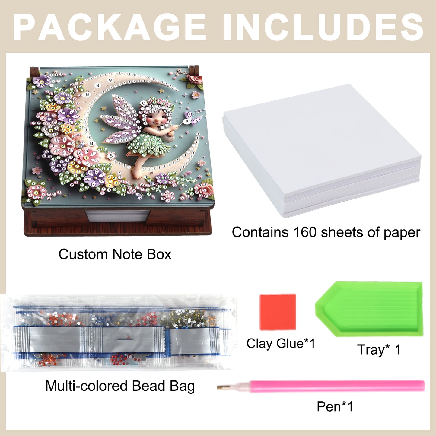 Wooden DIY Moon Fairy Diamond Painting Kit Note Box with 160 Papers for Office